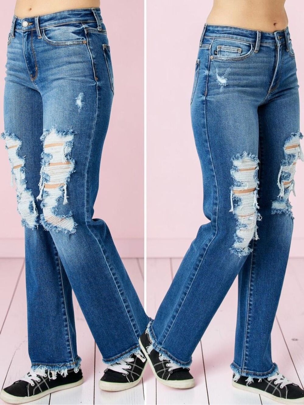 Judy Blue Dad Jeans Dark Wash Distressed Raw Hem Mid Rise Relaxed Straight NWT - Picture 5 of 15